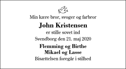 Dødsannoncen for John Kristensen - Svendborg