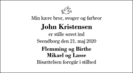 Dødsannoncen for John Kristensen - Svendborg