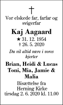 Dødsannoncen for Kaj Aagaard  - Herning