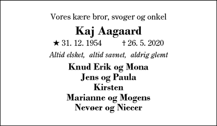 Dødsannoncen for Kaj Aagaard - Videbæk