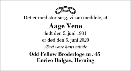Dødsannoncen for Aage Venø - Ikast