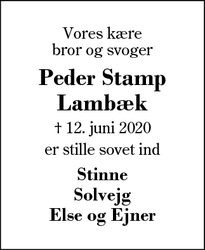 Dødsannoncen for Peder Stamp
Lambæk - Hammerum, Herning