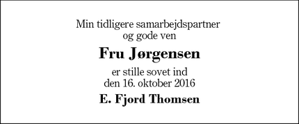Dødsannoncen for Fru Jørgensen - Snejbjerg