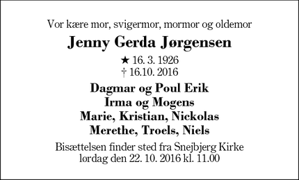 Dødsannoncen for Jenny Gerda Jørgensen - Snejbjerg