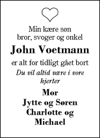Dødsannoncen for John Voetmann - Funder