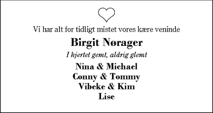 Dødsannoncen for Birgit Nørager - Herning