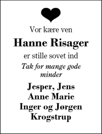 Dødsannoncen for Hanne Risager - Studsgård, 7400 Herning 