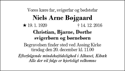 Dødsannoncen for Niels Arne Bøjgaard - Kibæk