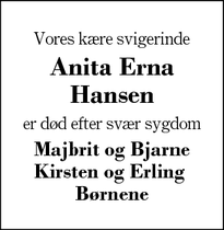Dødsannoncen for Anita Erna Hansen - Fasterholt