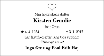 Dødsannoncen for Kirsten Granlie - Toftlund