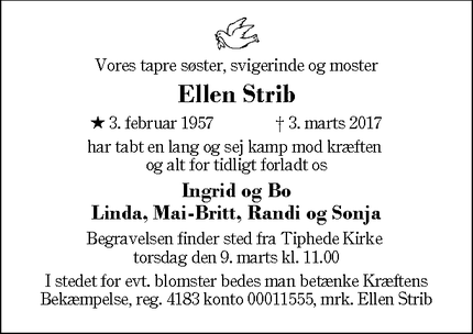 Dødsannoncen for Ellen Strib - Abildå