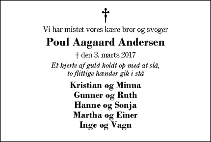Dødsannoncen for Poul Aagaard Andersen - Fjelstervang