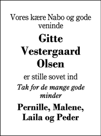 Dødsannoncen for Gitte Vestergaard Olsen - Herning