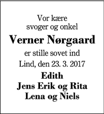 Dødsannoncen for Verner Nørgaard - Lind, 7400 Herning