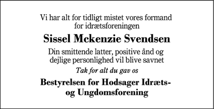 Dødsannoncen for Sissel Mckenzie Svendsen - Hodsager
