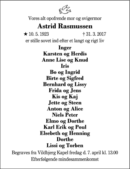 Dødsannoncen for Astrid Rasmussen - Vildbjerg