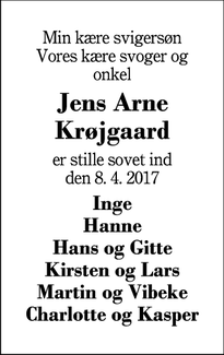 Dødsannoncen for Jens Arne Krøjgaard - Gullestrup