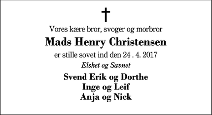 Dødsannoncen for Mads Henry Christensen - Herning