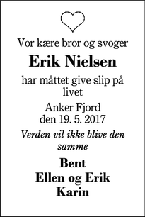 Dødsannoncen for Erik Nielsen - Sunds
