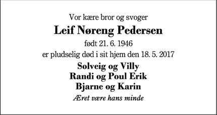 Dødsannoncen for Leif Nøreng Pedersen - Skarrild