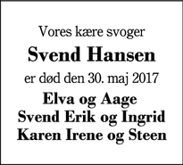 Dødsannoncen for Svend Hansen - Lind