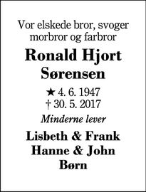 Dødsannoncen for Ronald Hjort Sørensen - Herning