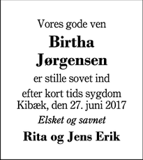 Dødsannoncen for Birtha Jørgensen - Kibæk