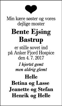 Dødsannoncen for Bente Ejsing Bastrup - Herning