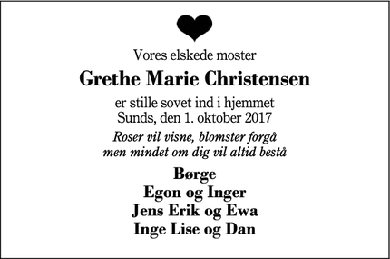 Dødsannoncen for Grethe Marie Christensen - Sunds