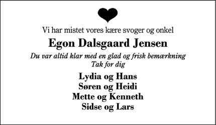 Dødsannoncen for Egon Dalsgaard Jensen - Herning
