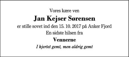Dødsannoncen for Jan Kejser Sørensen - Fjelstervang