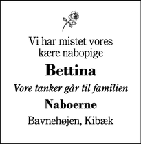 Dødsannoncen for Bettina - Kibæk