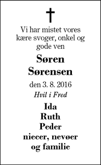 Dødsannoncen for Søren Sørensen - Sunds