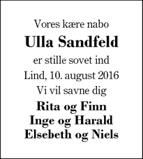 Dødsannoncen for Ulla Sandfeld - Herning