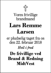 Dødsannoncen for Lars Remme Larsen - Høgild
