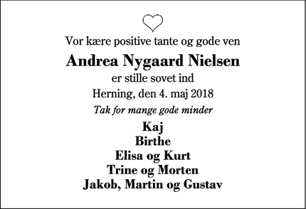 Dødsannoncen for Andrea Nygaard Nielsen - Herning