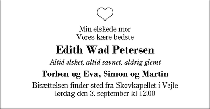 Dødsannoncen for Edith Wad Petersen - Herning