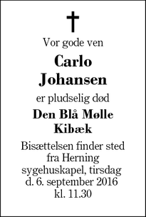 Dødsannoncen for Carlo Johansen - Sønder Felding
