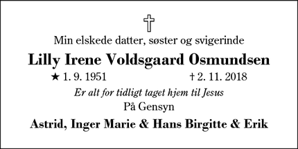 Dødsannoncen for Lilly Irene Voldsgaard Osmundsen - Videbæk
