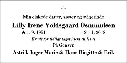 Dødsannoncen for Lilly Irene Voldsgaard Osmundsen - Videbæk