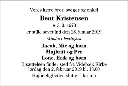 Dødsannoncen for Bent Kristensen - Videbæk