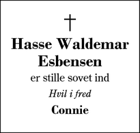 Dødsannoncen for Hasse Waldemar
Esbensen - Herning