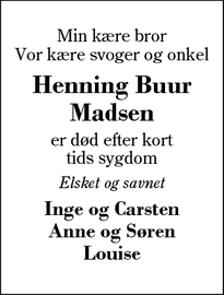 Dødsannoncen for Henning Buur
Madsen - Broager