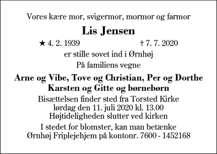 Dødsannoncen for Lis Jensen  - Ørnhøj