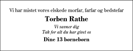Dødsannoncen for Torben Rathe - Halby, Stauning