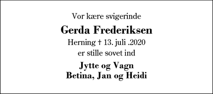Dødsannoncen for Gerda Frederiksen - Herning