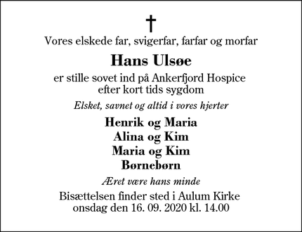 Dødsannoncen for Hans Ulsøe - Ulfborg