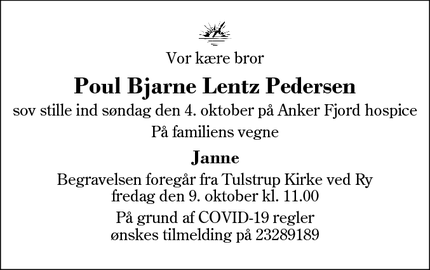 Dødsannoncen for Poul Bjarne Lentz Pedersen - Timring