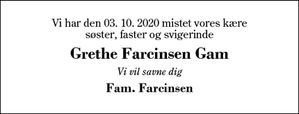 Dødsannoncen for Grethe Farcinsen Gam - Herning