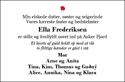 Dødsannoncen for Ella Frederiksen - Ørre
